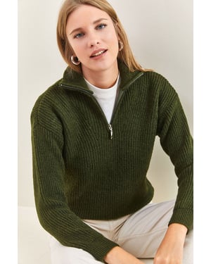 Oversized strukturiertes Strickpullover mit Reißverschlusskragen