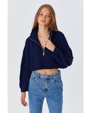 Strukturierter Langarm-Pullover mit Reißverschlusskragen
