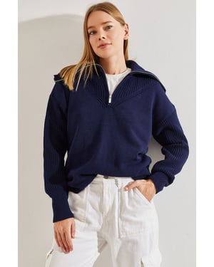 Reißverschluss-Kragen Strickpullover