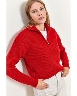 Oversized strukturierter Strickpullover mit Reißverschlusskragen