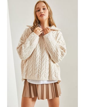 Oversized Haar- und Bart-Pullover mit Reißverschlusskragen