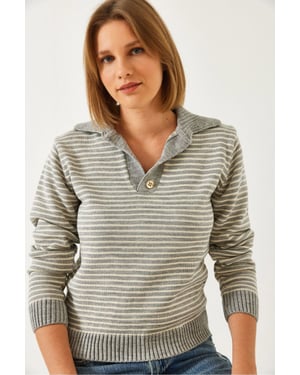 Gestreifter Polo-Kragen Strickpullover