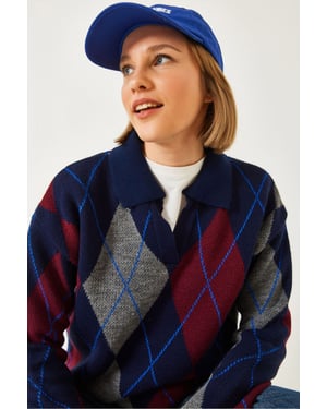Geometrisches Muster Polo Kragen Strickpullover