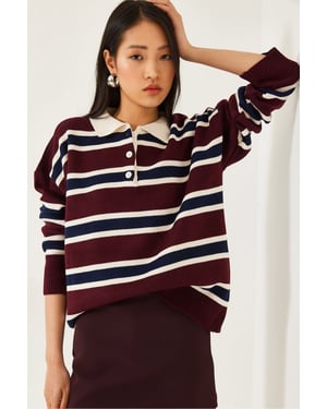 Gestreifter Polo-Kragen Strickpullover