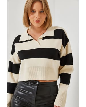 Gestreifter Polo-Kragen Ripp-Crop-Pullover