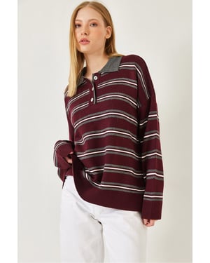 Gestreifter Polo-Kragen Knopf-Pullover