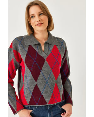 Geometrisches Muster Polo Kragen Strickpullover