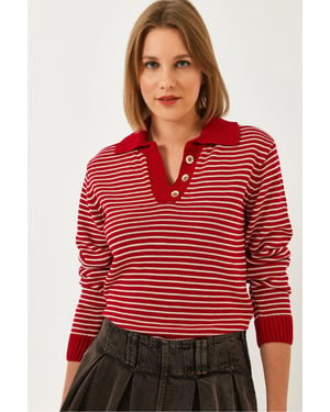Gestreifter Polokragen-Strickpullover