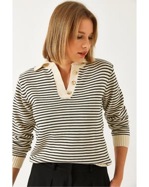 Gestreifter Polo-Kragen-Strickpullover