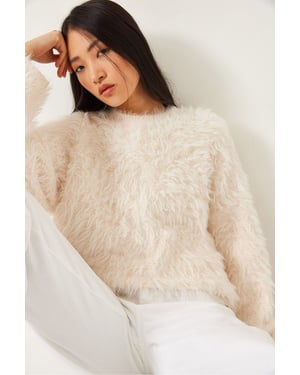 Oversized Strukturstrickpullover mit Plüschdetails