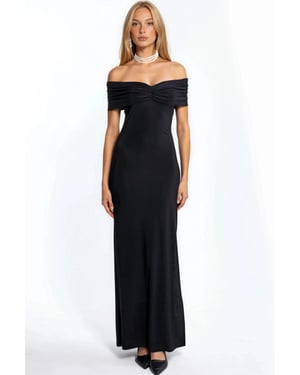 Maxikleid mit schulterfreiem Schnitt und Schlitzdetails in Sandfarbe