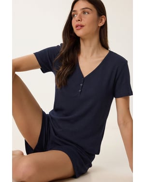 V-Ausschnitt Knopf-Pyjama-Set