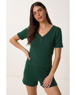 V-Ausschnitt Knopf-Pyjama-Set