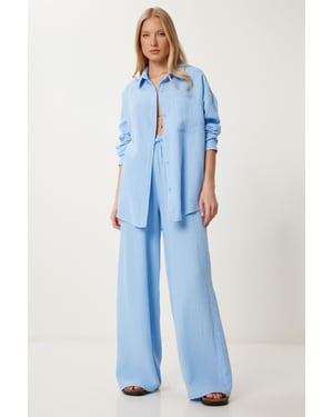 Hochwaist Weite Bein Zweiteiliges Set mit Hemdkragen