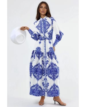 Maxikleid mit Paisleymuster, Gürteldetails und Hemdkragen