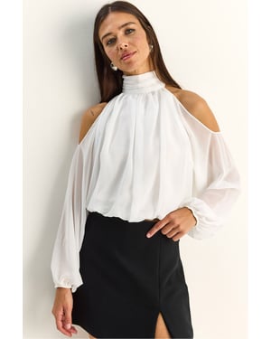 Halb-Rollkragen-Crop-Bluse mit Ausschnitt
