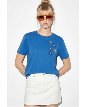 Blumenbesticktes Rundhalsausschnitt T-Shirt