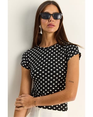 Punktemuster kurzärmliges Crop-Top mit Rundhalsausschnitt