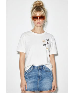 Blumenbesticktes Rundhalsausschnitt T-Shirt