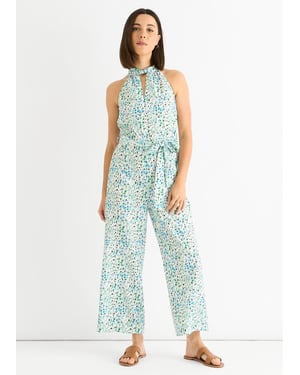 Blauer Jumpsuit mit Blumenmuster und Neckholder-Ausschnitt