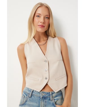 Denim V-Ausschnitt Ärmellose Cropped Weste