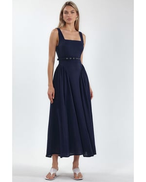 Quadratischer Kragen Midikleid mit Gürtel