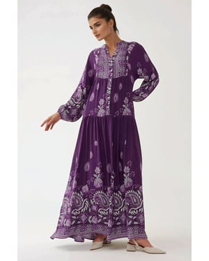 Bedrucktes Langarm-Viskose-Maxi-Kleid