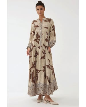Bedrucktes Langarm-Viskose-Maxi-Kleid