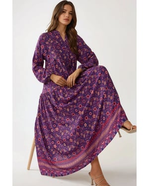Bedrucktes V-Ausschnitt Maxikleid mit Knöpfen