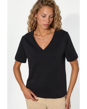 V-Ausschnitt Unifarben Regulär Fit Baumwoll-T-Shirt