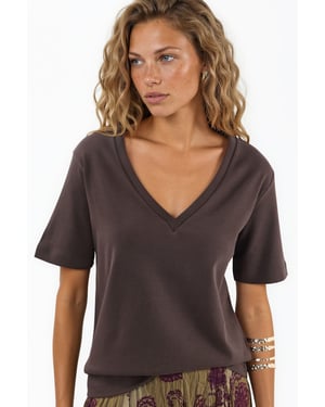 V-Ausschnitt Unifarben Reguläre Passform Baumwoll-T-Shirt