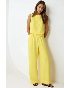 Leinengefühl Bluse & Elastischer Taillenbund Hosen Zweiteiliges Set