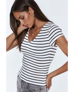 V-Ausschnitt Gestreifte Baumwollmischung Bluse