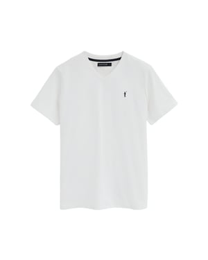T-Shirt weiß mit V-Ausschnitt und Rigby Go Logo