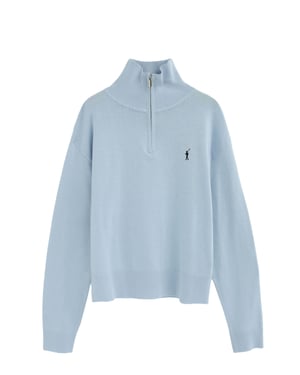 Pullover hellblau mit Zip-Kragen und Rigby Go Stickerei