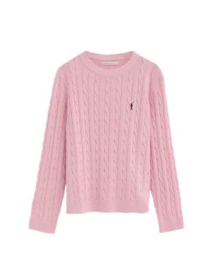 Strickpullover rosa mit Zopfmuster und Rigby Go Stickerei