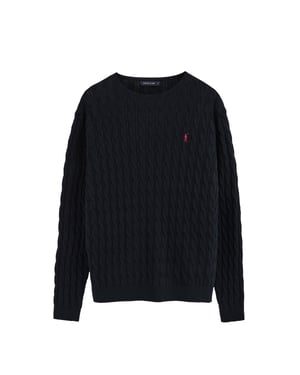Strickpullover marineblau mit Zopfmuster und Rigby Go Logo