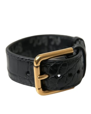 Dolce & Gabbana Schwarzes Texturiertes Leder Armband mit Goldfarbenem Metallverschluss