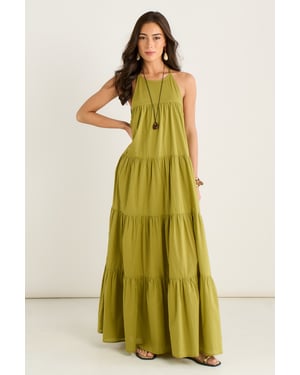 Gini London Gestuftes Maxikleid im Trapezschnitt mit Neckholder - Khaki