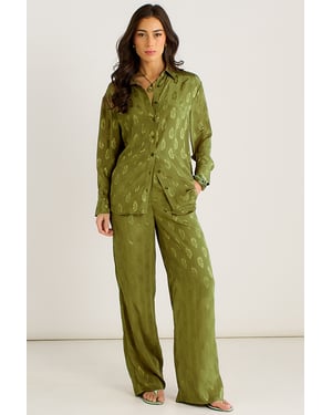 Hose aus khakifarbenem Satin-Jacquard mit Blumenmuster