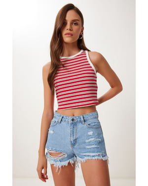 Hohe Taillen Zerstörte Denim-Shorts