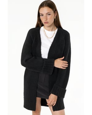 Langer gerippter Strickcardigan mit offenem Kragen