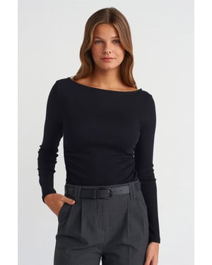 Schlanker Schnitt Rippendes Boot-Ausschnitt Bluse