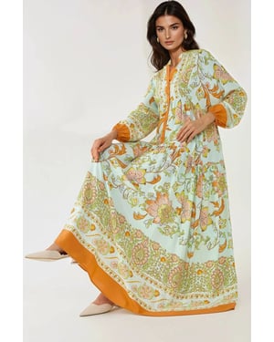 Bedrucktes Langarm-Viskose-Maxi-Kleid