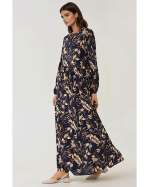 Floral Print Langarm Viskose Maxikleid