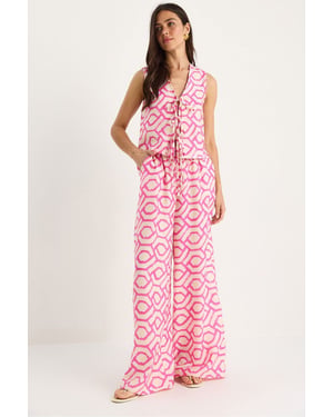 Geometrisches V-Ausschnitt Langarm-Tunika und Weite Hose Set
