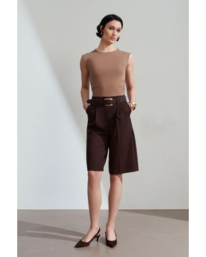 Dilvin Hochtaillierte, bundelastische, weitgeschnittene Tailor-Shorts - Braun