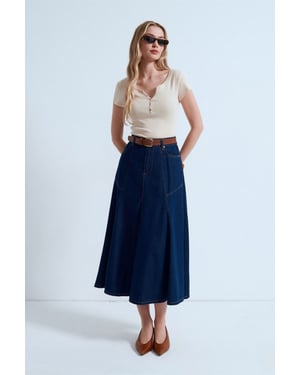 Hochtaillierter Midi A-Linien Denimrock