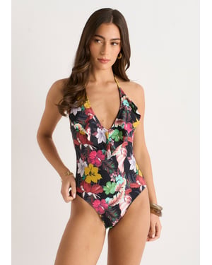 Badeanzug mit Rüschenfront im Multi-Tropical-Design