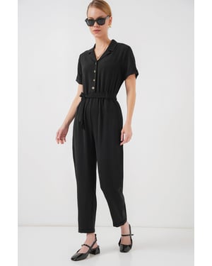 Einfarbiger Woven Overall mit Kragen und Schleifendetail